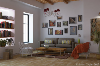 Картинка 3д+графика реализм+ realism книги полки картины светильники стулья стол диван