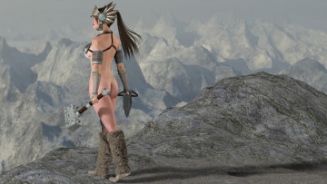 обоя 3д графика, амазонки , amazon, взгляд, фон, девушка, молот, горы