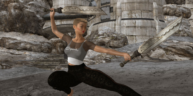 Обои картинки фото 3д графика, фантазия , fantasy, поза, оружие, фон, взгляд, девушка