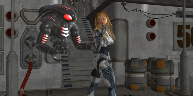 Обои картинки фото 3д графика, фантазия , fantasy, робот, фон, взгляд, девушка