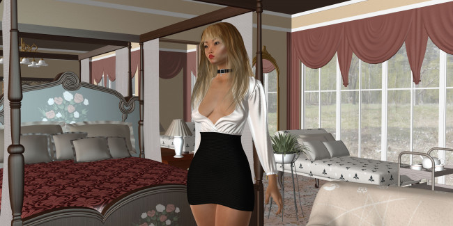 Обои картинки фото 3д графика, люди , people, кровать, фон, спальня, взгляд, девушка