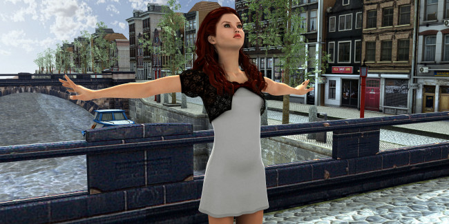 Обои картинки фото 3д графика, люди , people, мост, река, фон, взгляд, девушка