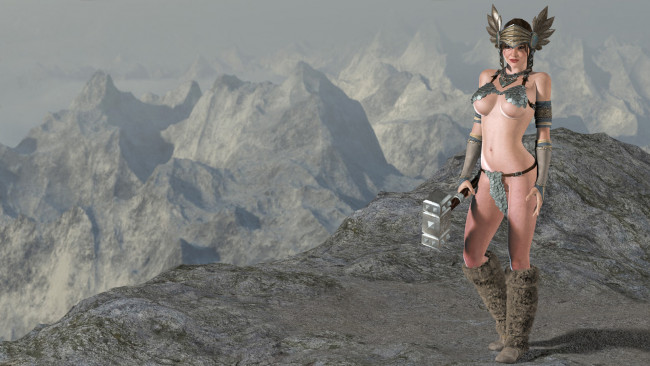 Обои картинки фото 3д графика, амазонки , amazon, горы, девушка, взгляд, фон, молот