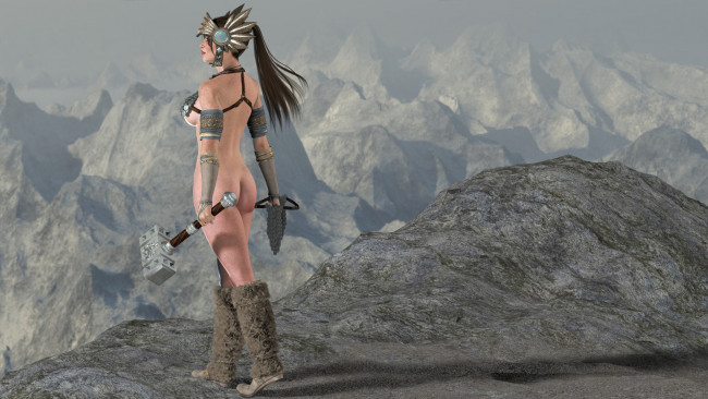 Обои картинки фото 3д графика, амазонки , amazon, взгляд, фон, девушка, молот, горы