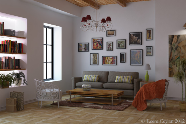 Обои картинки фото 3д графика, реализм , realism, книги, полки, картины, светильники, стулья, стол, диван