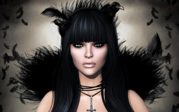 Картинка 3д+графика портрет+ portraits брюнетка девушка мистика лицо ворон перья