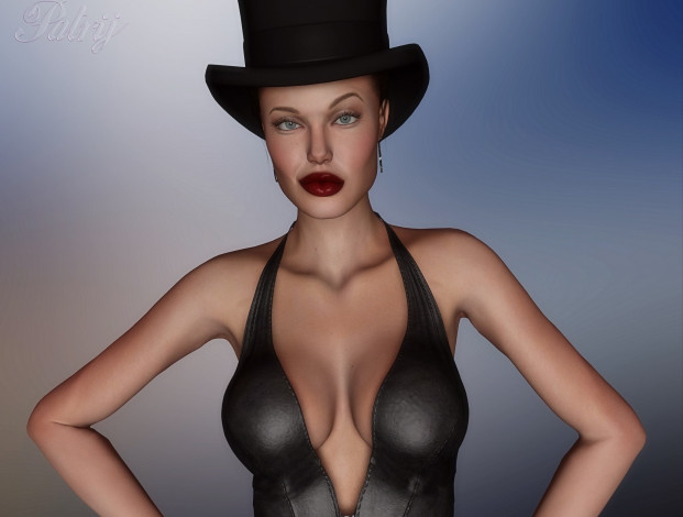 Обои картинки фото 3д графика, люди , people, девушка, взгляд, фон, шляпа