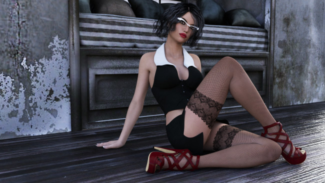 Обои картинки фото 3д графика, люди , people, девушка, фон, взгляд, чулки, очки