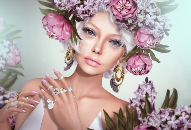 Обои картинки фото 3д графика, портрет , portraits, девушка, кольца, цветы, венок, серьги