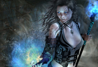 Картинка 3д+графика существа+ creatures девушка фон взгляд посох зубы