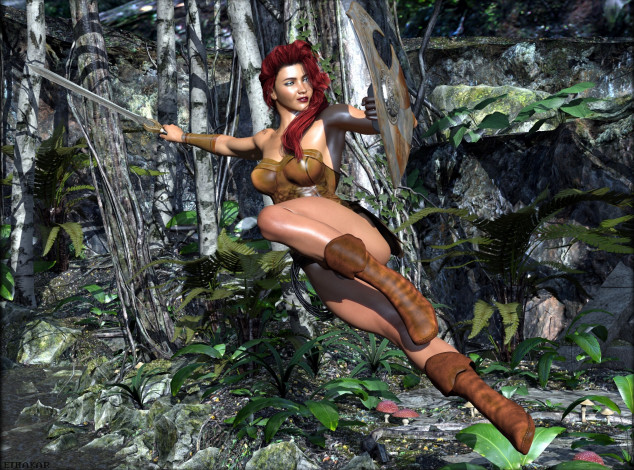 Обои картинки фото 3д графика, фантазия , fantasy, девушка, оружие, фон, взгляд