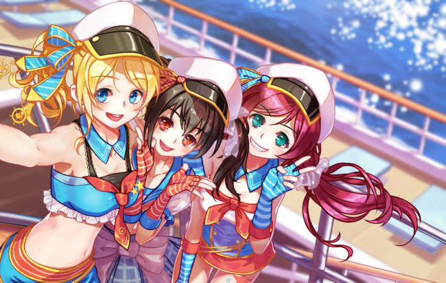 Обои картинки фото аниме, love live,  school idol project, фон, девушки, взгляд