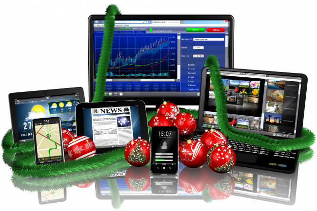 Обои картинки фото праздничные, 3д графика , новый год, украшения, мониторы