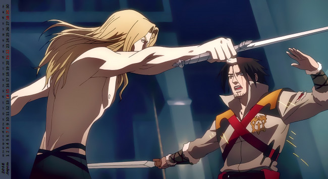 Обои картинки фото календари, аниме, оружие, мужчина, вампир, сражение