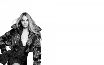 Картинка девушки cara+delevingne декольте жакет платье модель черно-белая блондинка