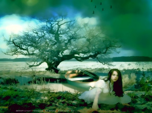 обоя календари, фэнтези, дерево, лодка, девушка, природа, женщина, calendar, 2020