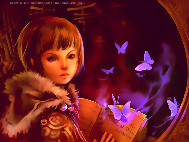 Обои картинки фото календари, фэнтези, девочка, книга, бабочка, calendar, 2020