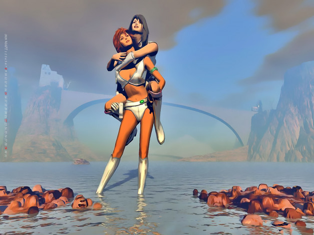 Обои картинки фото календари, 3д-графика, девушка, двое, водоем, камни, calendar, 2020