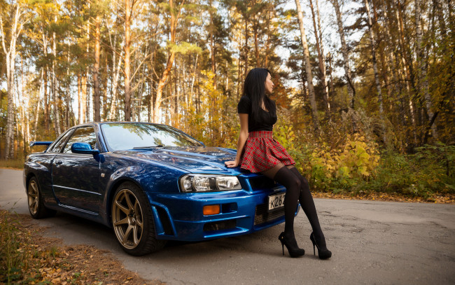 Обои картинки фото автомобили, -авто с девушками, nissan, skyline