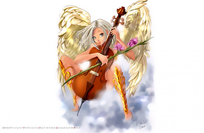 Обои картинки фото календари, фэнтези, ангел, крылья, контрабас, цветок, девушка, calendar, 2020