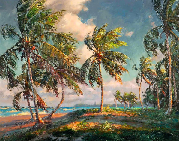 Обои картинки фото рисованное, albert ernest backus, пальмы, берег, море