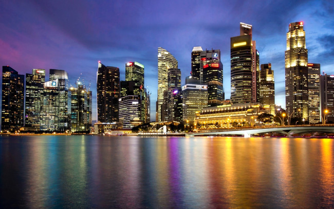 Обои картинки фото города, сингапур , сингапур, здания, дома, огни, море