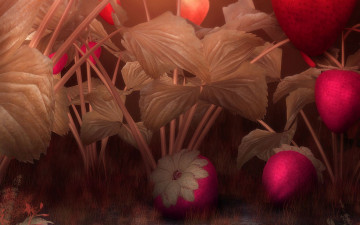 Картинка рисованные природа заросли кусты листья ягоды клубника bushes shrubs leaves strawberry berry