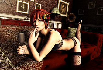 Картинка 3д+графика люди+ people взгляд девушка картины диван фон бокал рыжая