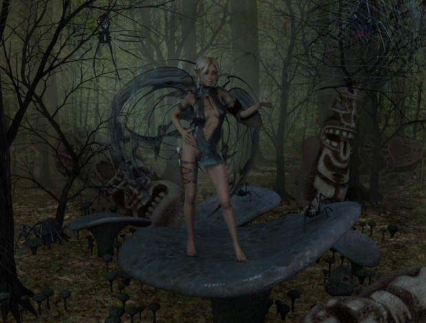 Обои картинки фото 3д графика, фантазия , fantasy, девушка, взгляд, фон, идолы, паук