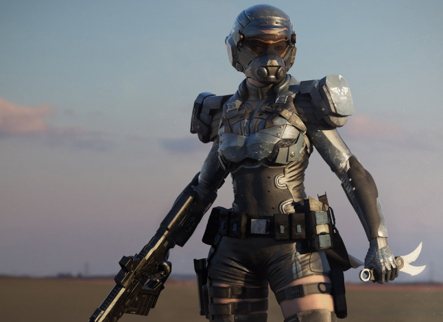 Обои картинки фото 3д графика, фантазия , fantasy, ножи, оружие, броня, шлем, девушка