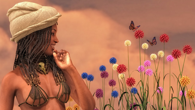 Обои картинки фото 3д графика, люди , people, девушка, цветы, фон, взгляд