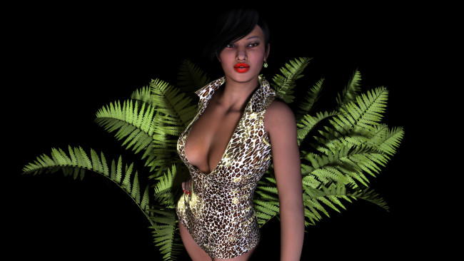 Обои картинки фото 3д графика, люди , people, девушка, взгляд, фон, папоротник