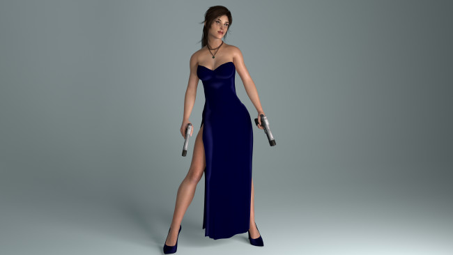 Обои картинки фото 3д графика, люди , people, взгляд, девушка, платье, оружие, фон