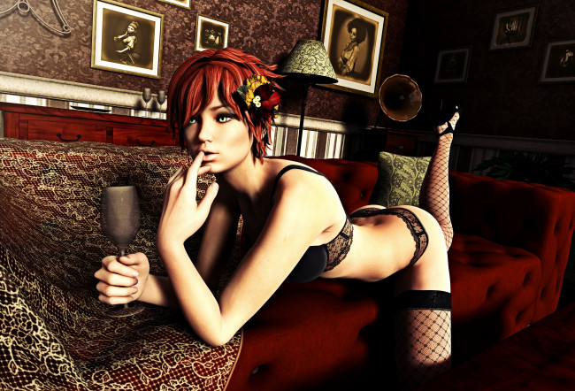 Обои картинки фото 3д графика, люди , people, взгляд, девушка, картины, диван, фон, бокал, рыжая