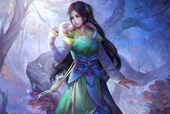 Картинка фэнтези девушки взгляд арт фэнтази деревья лес девушка природа животное