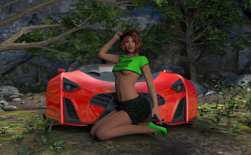 обоя 3д графика, люди-авто, мото , people- car ,  moto, девушка, взгляд, фон, автомобиль