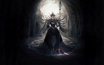 Картинка фэнтези девушки фон помещение посох платье взгляд женщина арт