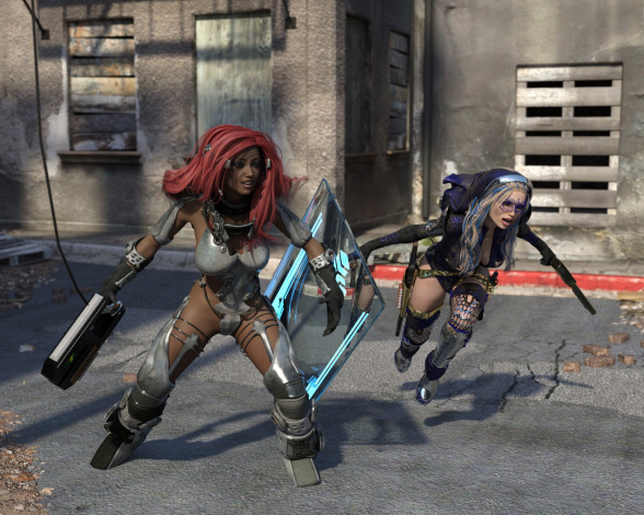 Обои картинки фото 3д графика, фантазия , fantasy, оружие, фон, взгляд, девушки