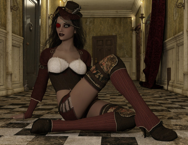 Обои картинки фото 3д графика, фантазия , fantasy, девушка, интерьер, фон, взгляд