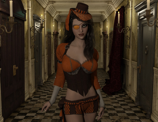 Обои картинки фото 3д графика, фантазия , fantasy, интерьер, фон, взгляд, девушка