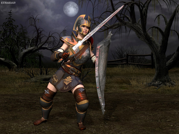 Обои картинки фото 3д графика, амазонки , amazon, вечер, фон, оружие, луна, доспехи, взгляд, девушка