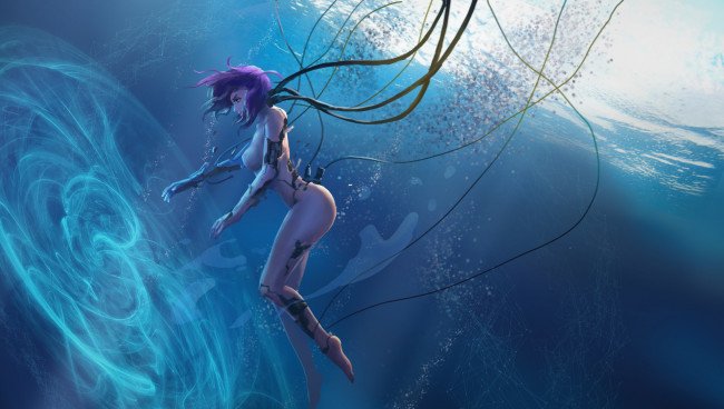 Обои картинки фото фэнтези, роботы,  киборги,  механизмы, эротика, арт, девушка, киборг, профиль, вода