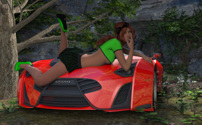 Обои картинки фото 3д графика, люди-авто, мото , people- car ,  moto, девушка, взгляд, фон, автомобиль