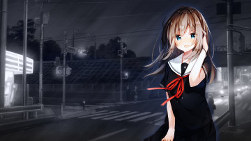 Картинка аниме город +улицы +интерьер +здания девушка