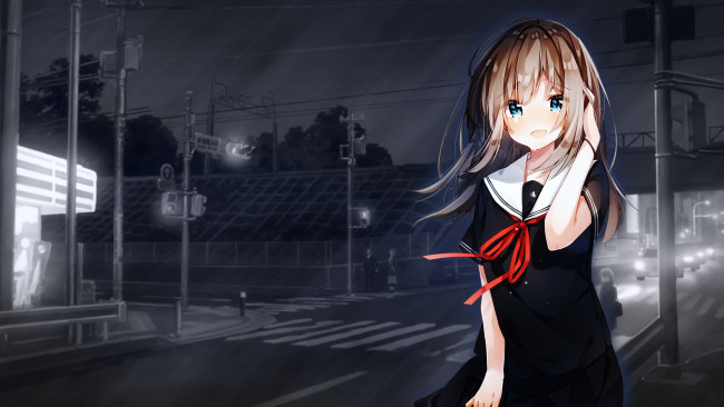 Обои картинки фото аниме, город,  улицы,  интерьер,  здания, девушка