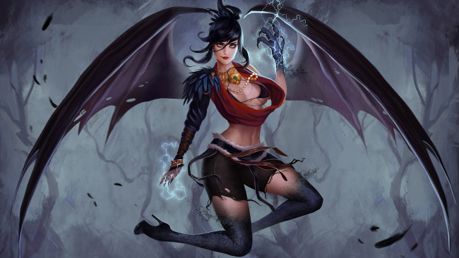 Обои картинки фото видео игры, dragon age, fantasy, арт, art, morrigan, красотка, dragon, age, фигура, demon, wings, game