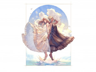 Картинка аниме unknown +другое+ девушки платья облака вода