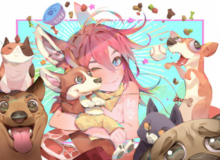 Картинка аниме животные +существа девочка ушки собаки