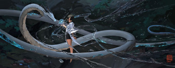 Картинка аниме животные +существа девушка ушки вода магия дракон