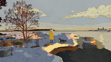 Картинка рисованное люди человек собака снег деревья ручей